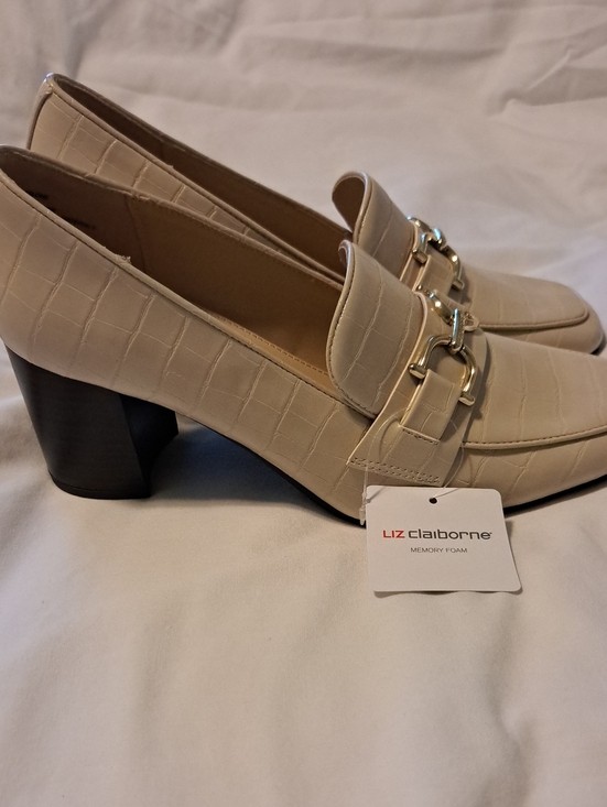 Liz Claiborne Shoes - Liz Claiborne Cream Croc-Embossed Block Heel Loafers with Gold Hardware